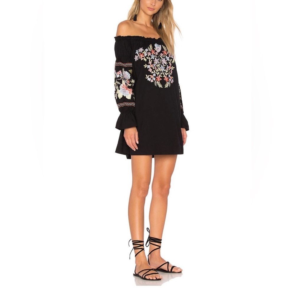 Free People Fleur Du Jour Embroidered Off Shoulder Dress Black Boho NWOT Size L - Picture 2 of 7